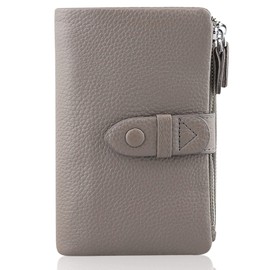 F.ZH Women's Bi-Fold Wallet, Genuine Leather, Large Capacity, Includes Coin Purse, Small, Lightweight, Multi-Functional, Can Store A Large Number of Cards & Banknotes, Double Button, Double Zipper, Gray