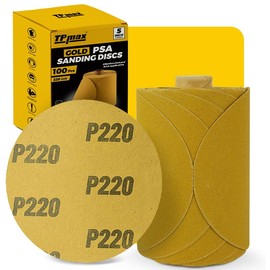 100PCS 5 Inch PSA Sanding Discs 220 Grit | Self-Adhesive Sandpaper Roll for DA Sanders, Orbital Sander | Gold Aluminum Oxide Sticky Back Abrasive Discs for Automotive, Woodworking, and Metal Polishing