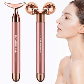 2-IN-1 Electric Face Massager Roller 24k Rose Gold Face Roller, 3D Roller and Unique Crescent Shape Facial Roller Massager Kit Arm Eye Nose Massager S