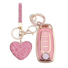 Vicoca for Nissan 4 Buttons Key fob Cover with Diamond Heart Keychain, Car Accessories TPU for Rogue SL Ariya FWD Pathfinder X-Trail Sentra SV 2023 2024 2025 285E3-7LA6A, Gold Pink