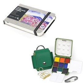 Funto Pocket Watercolor Paint Set, Travel Paint Kit, with 9 Colors, Leather Crossbody Bag, Paint Water Cup, Nylon Brush, Dust Bag, 2 Foldable Palettes, and Mini Watercolor Papers, Ideal for Art Lovers:_Basic Set+Journal
