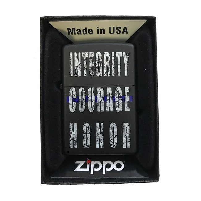 Zippo Custom Lighter -"Integrity, Courage, Honor" Blue Line Police Support - Black Matte