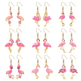 9 Pairs Pink Flamingo Dangle Earrings Cute Enamel Flamingo Friendly Earrings Tropical Bird Animal Drop Hook Earrings Set Funny Beach Vacation Earrings Hawaiian Summer Holiday Jewelry (A Enamel Flamingo Earrings, 9)