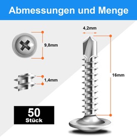 Pack of 50 self-tapping screws, 4.2 x 16 mm, self-tapping screws, stainless steel, Phillips screws, with screwdriver bit