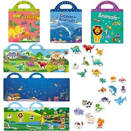 Libros de Calcomanías Reutilizables,3 Juegos de Calcomanías Reutilizables para Niños de 2 a 6 Años,Adhesivas Portátiles para Educación,Calcomanía Estáticas de 3 Temas(dinosaurios+animales+océano)