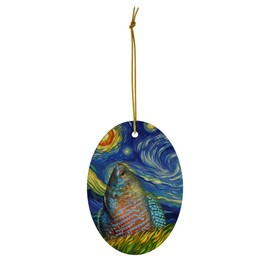 Whimsical Night Sky Neon Blue Dwarf Gourami Christmas Ornament White Oval Ceramic - Impressionist Pet Portrait Memorial Keepsake Gifts for Gourami Lovers