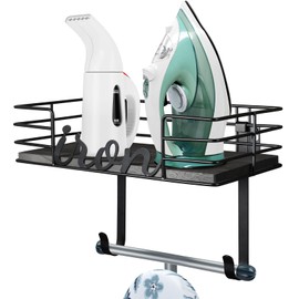 TJ.MOREE Ironing Board Hanger Wall Mount - Laundry Room Iron and Ironing Board Holder, Metal Wall Mount with Large Storage Black Wooden Base Basket and Removable Hook(Black)