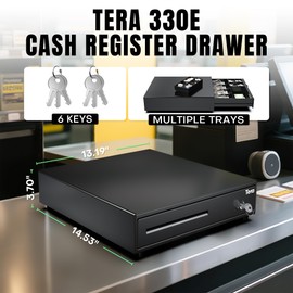 Tera 13 inch Cash Register Drawer, 4 Bill 8 Coin for POS System 6 Keys Auto Open Removable Coin Compartment with Media Slot 24V RJ12 Key-Lock Money Tray for Small Business Retail Cash Safe 330E