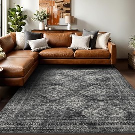 MIULEE 8x10 Vintage Washable Area Rugs Living Room Rug Low Pile Boho Farmhouse Floor Mat for Bedroom Dining Room Under Kitchen Table, Non-Slip Stain Resistant Soft Large Carpet for Home Decor, Black