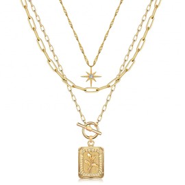 MJartoria Layered Necklaces for Women Trendy, 14K Gold Plated Simple Star Choker Square Flower Pendant Necklace, Paperclip Chain Necklace, Gold Necklaces Jewelry Gifts (Gold, Z12-Holly)