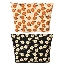 SOIDRAM 2 Pieces Flower Makeup Bag Large Corduroy Cosmetic Bag Capacity Canvas Travel Toiletry Bag Organizer Cute Makeup Brushes Aesthetic Accessories Storage Bag for Women, Flower L Orang Black
