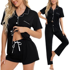 SWOMOG Womens 3pcs Button Down Pajamas Set Short Sleeve Sleepwear Bride Soft Pj Lounge Sets with Long Pants Black Small