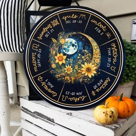 RIVEENY Wheel Of The Year Wall Hanging，12" Sabbats Norse Pagan Sign Witches Runes Wood Engraved Board Wiccan Holidays, Wicca Calendar, Yule Altar, Celestial Sign, Vintage Handmade Christmas Sign Decor (GJ009)