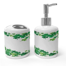 Ambesonne Clover Soap Dispenser & Toothbrush Holder Set, St Patrick's Day Celebration Graphic with Shamrocks, Ceramic Bathroom Toiletry Accessories, 2 Pcs, Green Fern Green
