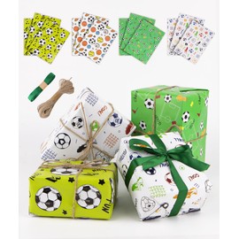 Cartlant 12 Sheets of Football Wrapping Paper, 70 x 50 cm, Gift Wrapping Paper, Children's Wrapping Paper, Birthday Set, Wrapping Paper Boy Football Packaging Paper with Gift Ribbon and Jute Ribbon