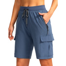 Soothfeel Pantalones cortos tipo cargo para mujer de 9 pulgadas con 5 bolsillos de secado rápido para verano, atlético, golf, bermudas, pantalones cortos largos para mujer, estilo casual, Azul Oscuro, L