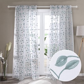 Deconovo Spring White Sheer Curtains with Leaf Pattern, Small Embroidered Rod Pocket Voile Sheer Drapes for Kitchen 2 Panels, Agate Green, 52x108 Inch