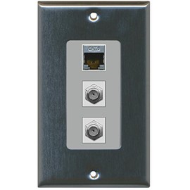 RiteAV - 2 Port Coax Cable TV- F-Type and 1 Port Shielded Cat6 Ethernet Decorative Wall Plate - Stainless Steel/Gray