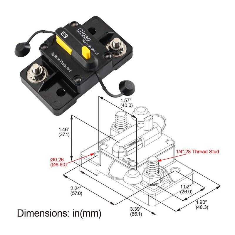 GLOSO 90A Breaker Extended Surface Mount 1/4" Diagonal Stud Waterproof
