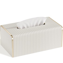 VOSO Rectangle Tissue Box Cover PU Leather Golden Rim Gold Line Stripe Magnetic Closure for Bathroom Bathroom Bedroom Living Room Desk Office Decor (White)