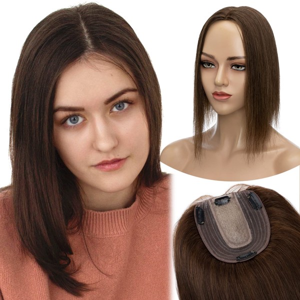 MY-LADY Human Hair Toppers for Women Real Remy Hair 130% Density 10 * 12CM Silk Base No Bangs Clip in Hair Pieces Straight Hairpiece for Thinning Hair 16 Inch #04 Medium Brown