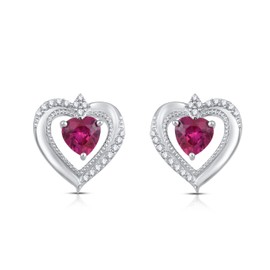 Jewelili Sterling Silver 5MM Created Ruby and Round Created White Sapphire Heart Stud Earrings