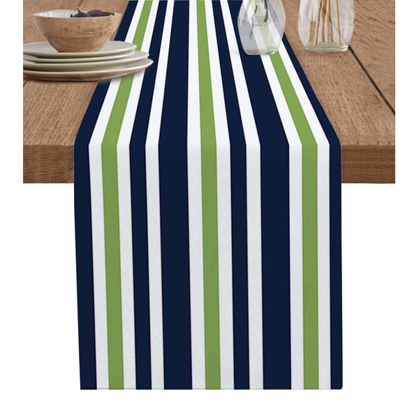 T&H XHome Durable Fabric Table Runner,Simple Navy Blue, Lime Green