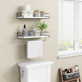 White Floating Shelves for Bathroom Organizer Over Toilet, Bathroom Shelves Wall Mounted with Towel Rack, Corner Wall Shelf for Bedroom Decor Kitchen Storage (White-Dark Grey, Set of 2),Practical Gift