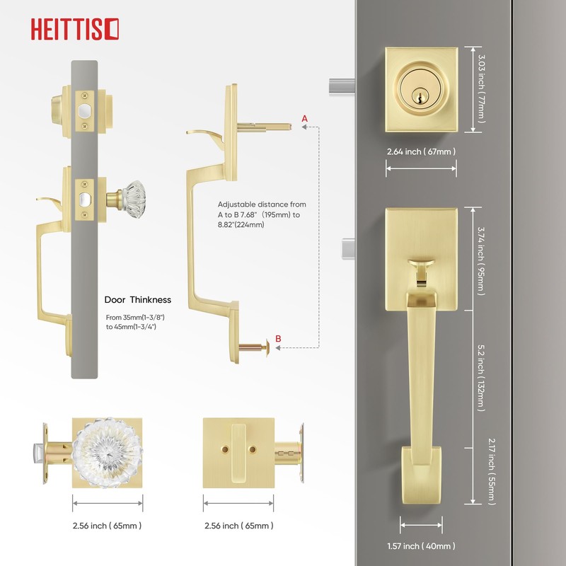 Heittis Entry Door Handles with Deadbolt Set,Gold Square Front Glass