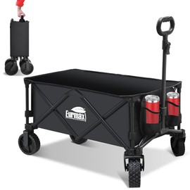 Eurmax USA Collapsible Outdoor Folding Wagon Cart All-Terrain Utility Wagon Heavy Duty Camping Patio Shopping Garden Sporting Wagon Cart with Side Bag & Cup Holder