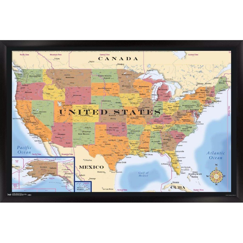 Map - USA Time Zones 14x22 Poster - Black Framed
