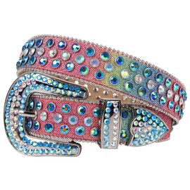 MINGSUN Rhinestone Leather Belt for Men & Women, Rainbow Western Bling Belt with Studded & Gemstone Design for Jeans, Dresses & Pants