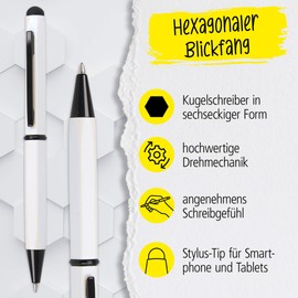 Onlinen Hexagon Stylus Ballpoint Pen, White, Hexagonal Ballpoint Pen Made of Aluminium, Replaceable D1 Refill, Blue Ink Colour, Pen with Touchpen, Pack of 1