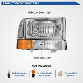 oEdRo Headlight Assembly Compatible with 1999-2004 Ford F250 F350 F450 F550 Super Duty/2000-2004 Ford Excursion, OE Headlamp Replacement Black Housing Amber Reflector Clear Lens