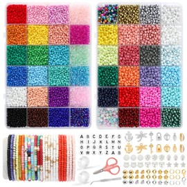 FEHCBIO 15000+ Pieces 48 Colours 3 mm + 4 mm Beads Set DIY Beads for Bracelets, with Letter Beads for Threading DIY Jewellery Making Set, Gift Idea for Christmas, Birthday, Parties