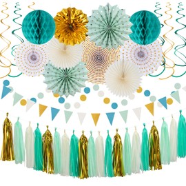 Teal-Gold Sage Green Party-Decoration - 33pcs Kits Tissue Pom Poms Honeycomb,Banner,Streamers Tassel Garland,Paper Lantern Fans,Wedding Engagement Bachelorette Birthday Baby Bridal Shower Decor Hugtmr