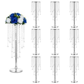 Sziqiqi Flower Centerpieces for Wedding Tables Metal - Tall Vases with Chandelier Crystal Beads for Head Table Silver Flower Stand for Wedding Reception Party Events Road Lead