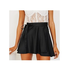 AmorLee Womens Wrap Mini Skirts Casual High Waist Self Tie Knot Silk Satin Short Skater Skirt Black L