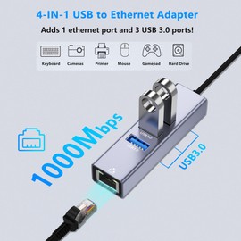 USB to Ethernet Adapter, 4 in 1 Gigabit LAN Network Adapter with 3 x Type-A3.0, USB Hub with Ethernet, RJ45 to Type-A Cable for Laptop, Compatible with Windows, Mac OS, Linux, Surface and More