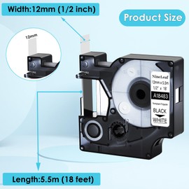 NineLeaf 8 Pack Compatible Industrial Label Tape Replacement for DYMO Rhino 18483 Black on White 12mm Permanent Polyester Label Tapes 1/2" x 18'