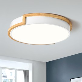 Dimmable LED Wood Flush Mount Ceiling Lights,Modern White 5CCT 2700K-6000K Lighting Fixtures,Round Ceiling Lamp for Kitchen Living Room Dining Room Bathroom Bedroom Entryway 15.8in