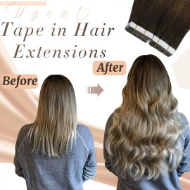 Ugeat Extensiones Cabello Real 50gr 14in Balayage Marrón A Blanque