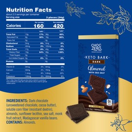 ChocZero Dark Chocolate Almond Bark with Sea Salt, Sugar Free, Vegan, Low Carb, High Fiber, Keto Friendly, No Sugar Alcohols (4 Count, 3.2oz Boxes)