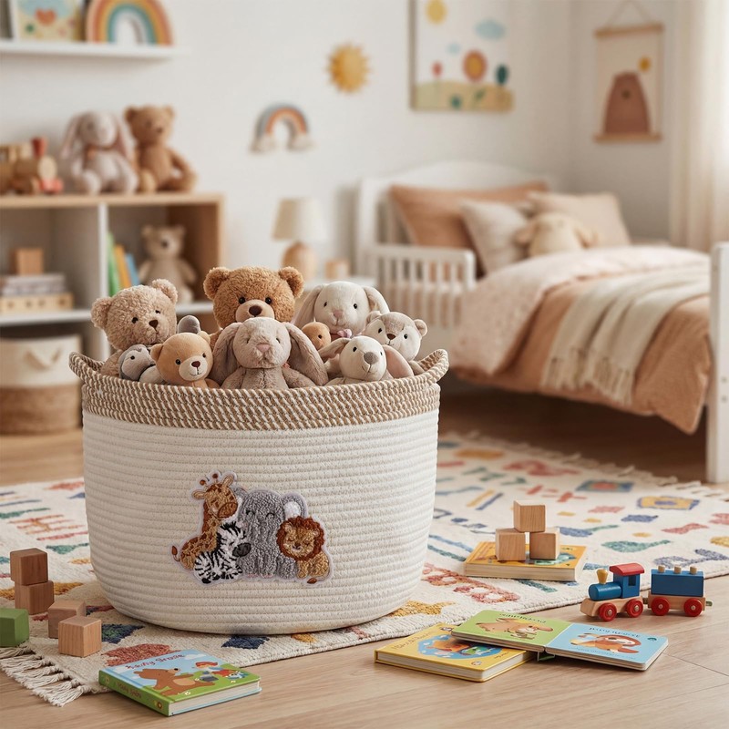 Domensi Woodland Animal Toy Basket 15"x11" Large Animal Storage Basket