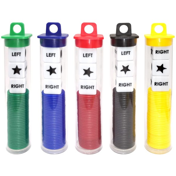 Left Right Center Dice Game Prime Set Bundle with 3 Dices + 30 Chips. Round Tube Storage is Very Convenient for Travel. Easy to Store, Carry Around. (5 Pack)