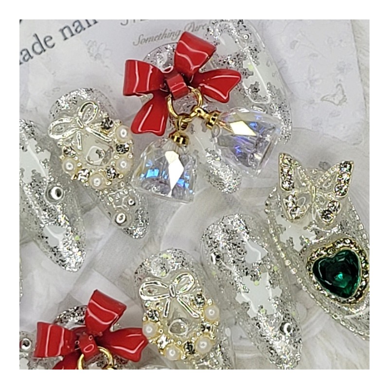 Christmas Jingle Bell Handmade Nail Tips - Coffin Egg /
