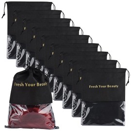 10 Packs Wig Storage Bags with Drawstring Hair Extensions Holder Hairpieces Carrier Organizer Dustproof Protector Pouch for Travel Daily Use (Large,Black)
