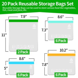 VEHHE 20 Pack Reusable Food Storage Bags (2 Gallon Reusable Freezer Bags + 6 Reusable Sandwich Bags + 6 Reusable Ziplock Bags + 6 Snack Bags) Leakproof Lunch Bags for Travel Jewelry Make-Up