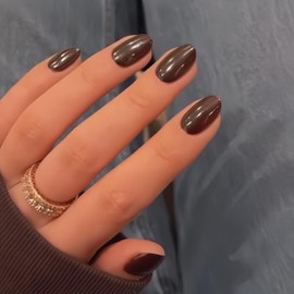 Fall Press On Nails Short - KQueenest Chrome Brown Press On Nails Oval, Sparkle Soft Gel Fake Nails Press on Short Almond, Reusable Cute Glitter Glue on Nails for Women, Thick Salon Quality, 24 Pcs