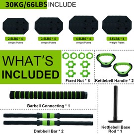 Adjustable Dumbbell Set,66bs Free Weight Set with Connector, 4 In1 Dumbbells Set Used As Barbell, Kettlebells, Push Up Stand,Green and Black,O